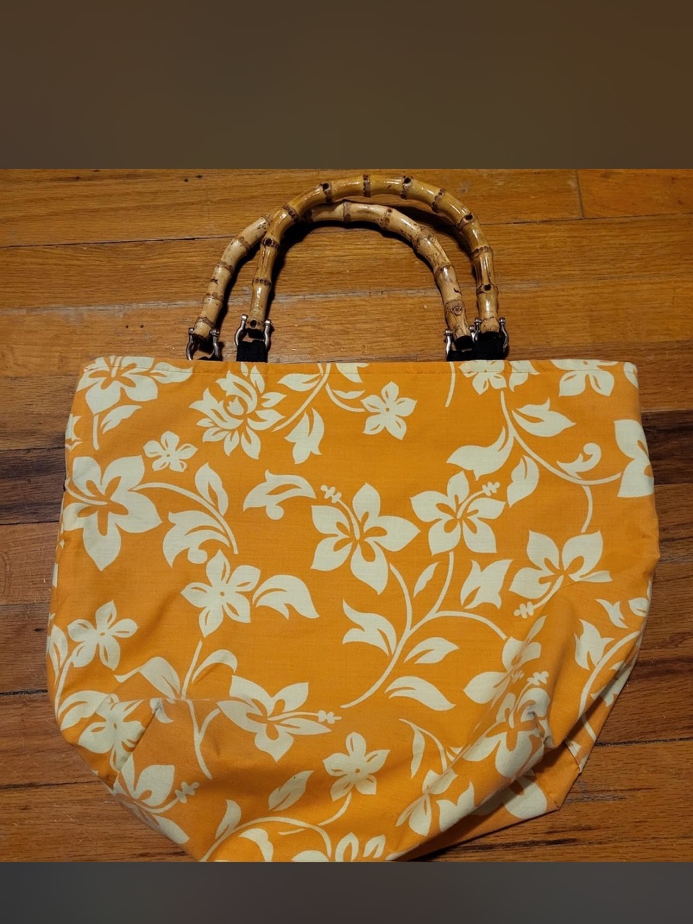 Orange floral hibiscus vintage bag with bamboo handles